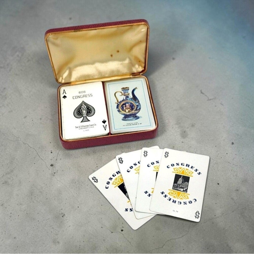 Vintage Congress 606 Playing Cards Venetian Glass Case Double Deck USA 1950s
